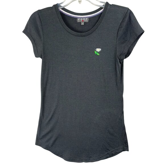 Poof New York T-Shirt Women Size S Black Short-Sleeve Daisy Embroidery Soft - Picture 1 of 6
